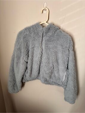 BDG Light Gray Plush Faux Fur Zip Jacket